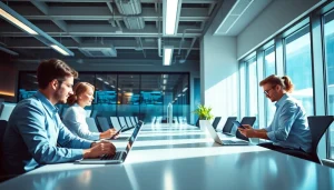 展示 WPS 技术应用的现代办公室场景，员工实现设备无缝连接。