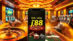 Experience the excitement of link vào j88 with vibrant casino visuals, featuring roulette wheels and poker chips.