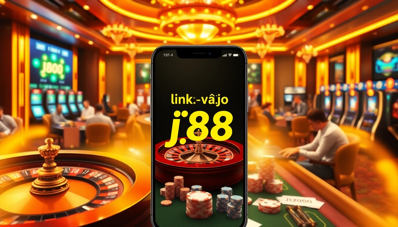 Experience the excitement of link vào j88 with vibrant casino visuals, featuring roulette wheels and poker chips.