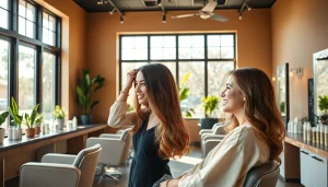 Experience expert styling at an Aveda salon San Diego, showcasing a stylist and client in a warm, inviting atmosphere.