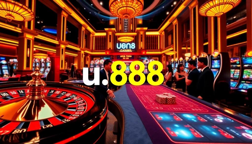 Engage in thrilling gameplay at u888 with an elegant casino setup showcasing tables, chips, and a roulette wheel.