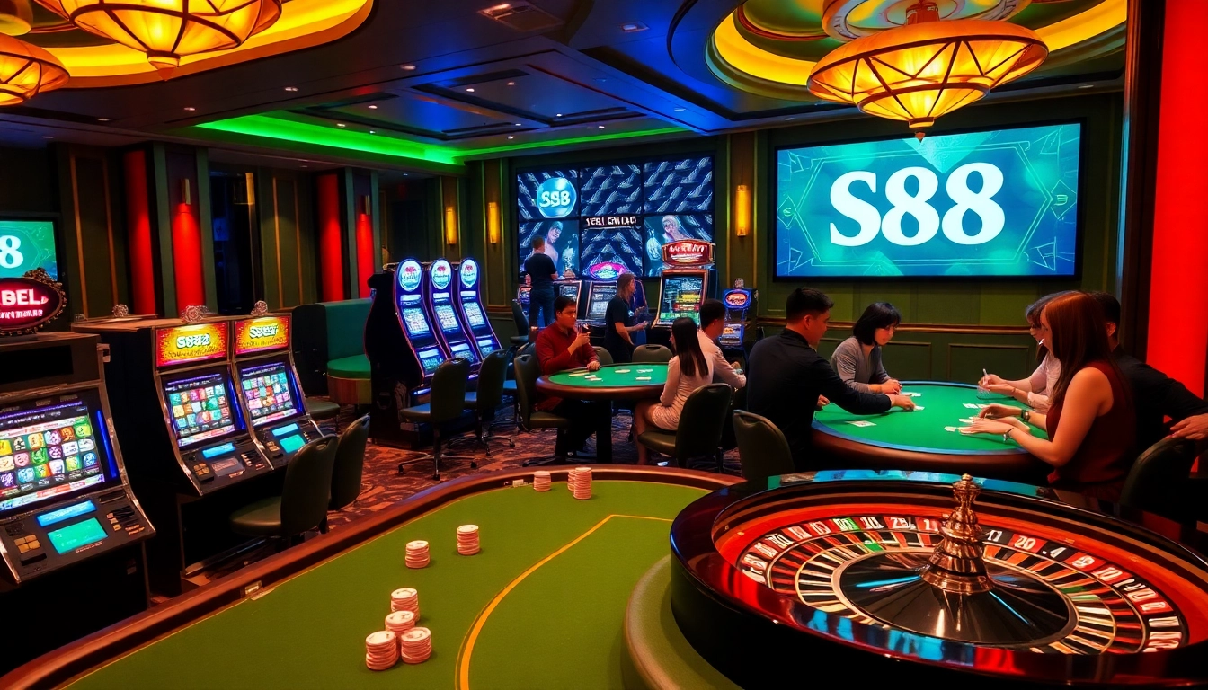 Players engaging in thrilling games at S88 casino with vibrant slot machines and rich poker chips.