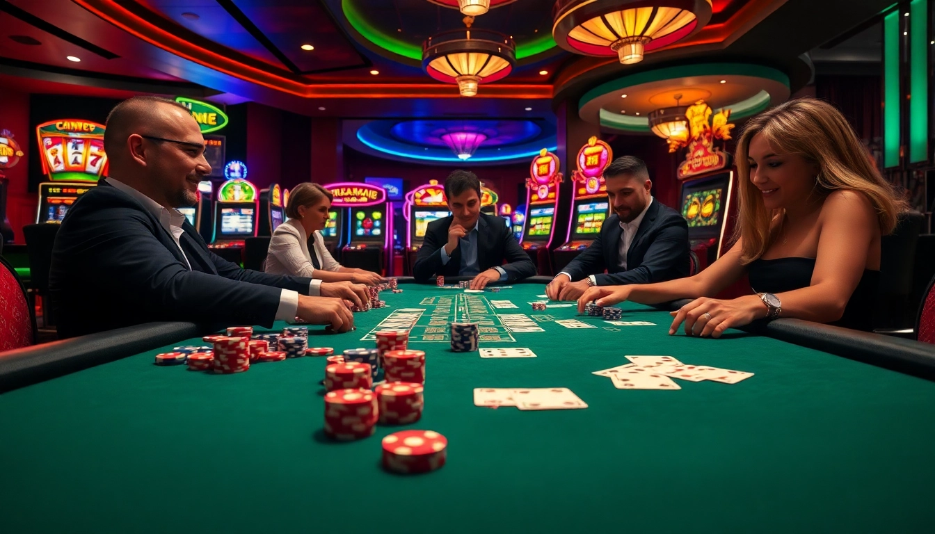 Exciting casino gaming scene at https://okfun.uk.net/ showcasing poker action and vibrant slot machines.