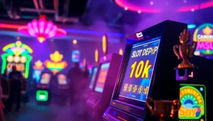 Permainan slot depo 1k menarik dengan mesin slot mengkilap dan para pemain yang antusias.
