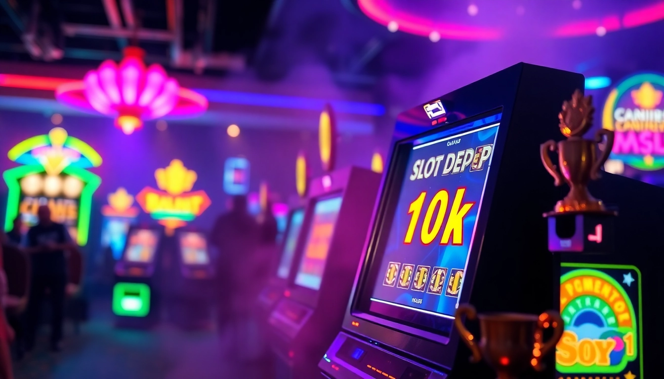 Permainan slot depo 1k menarik dengan mesin slot mengkilap dan para pemain yang antusias.