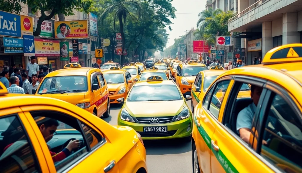 Delhi Taxi Service showcasing various taxis in vibrant New Delhi street scene.