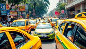 Delhi Taxi Service showcasing various taxis in vibrant New Delhi street scene.