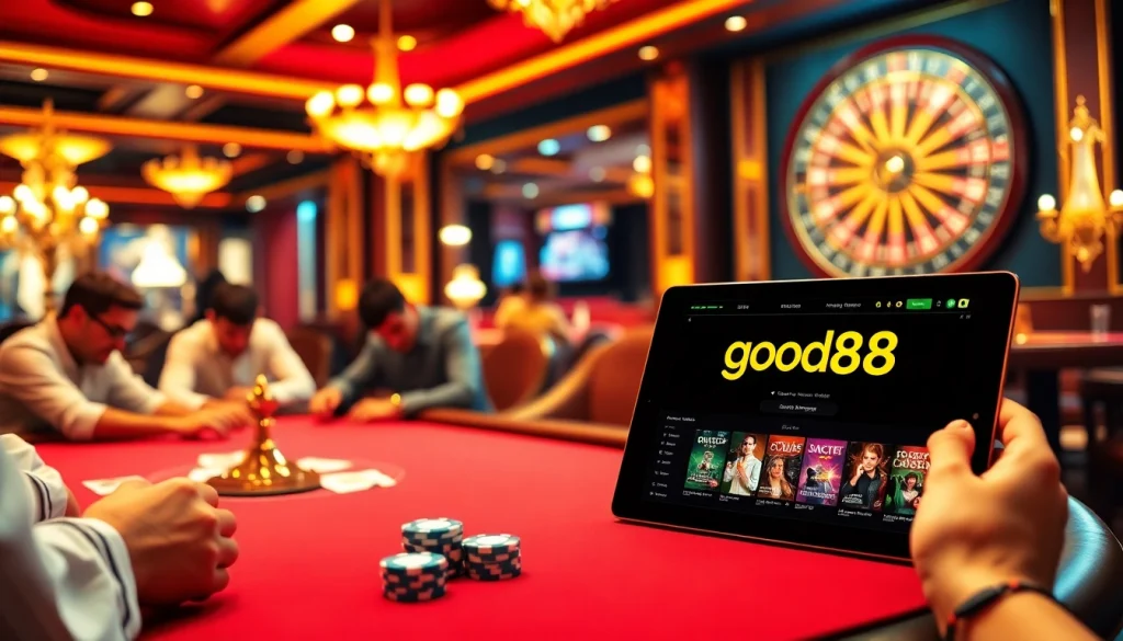 Players strategizing at a poker table in a vibrant casino scene featuring good88 branding.