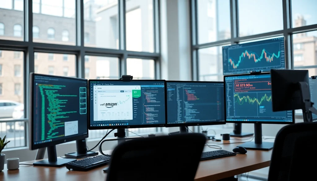Software engineering workspace with coding interfaces and e-commerce data visualizations.