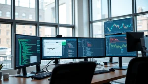 Software engineering workspace with coding interfaces and e-commerce data visualizations.