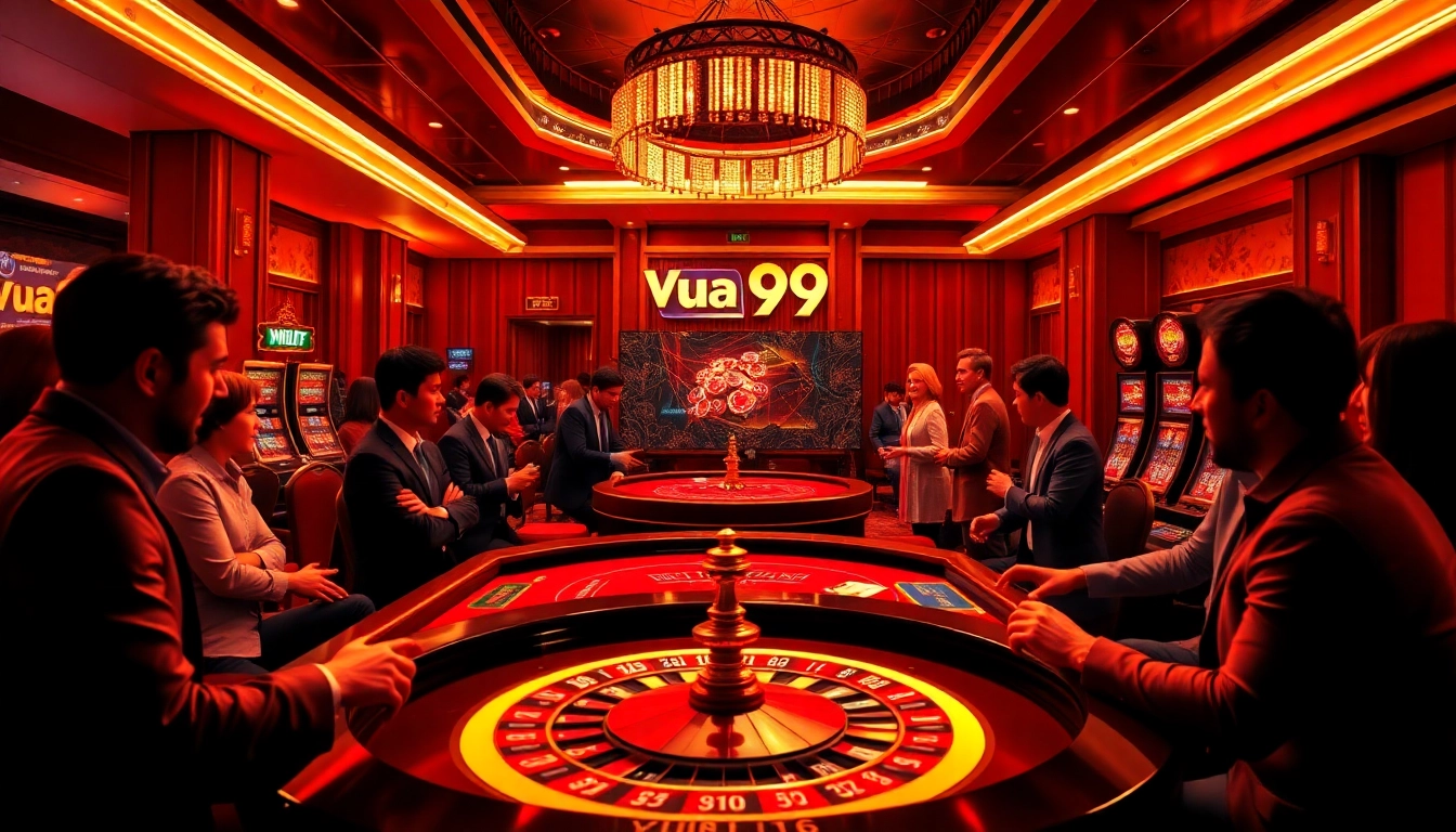 Experience thrilling games with vua99 nhà cái uy tín in this vibrant casino scene featuring poker tables and roulette wheels.