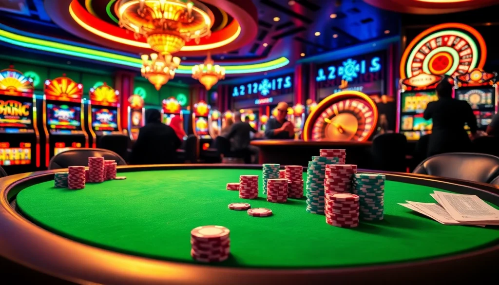 Trải nghiệm cảm giác hồi hộp với CG 79 tại bàn poker sang trọng, được bao quanh bởi những máy đánh bạc sôi động.