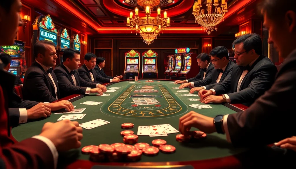 XIN88 players engaging around a luxurious casino table with poker chips and cards
